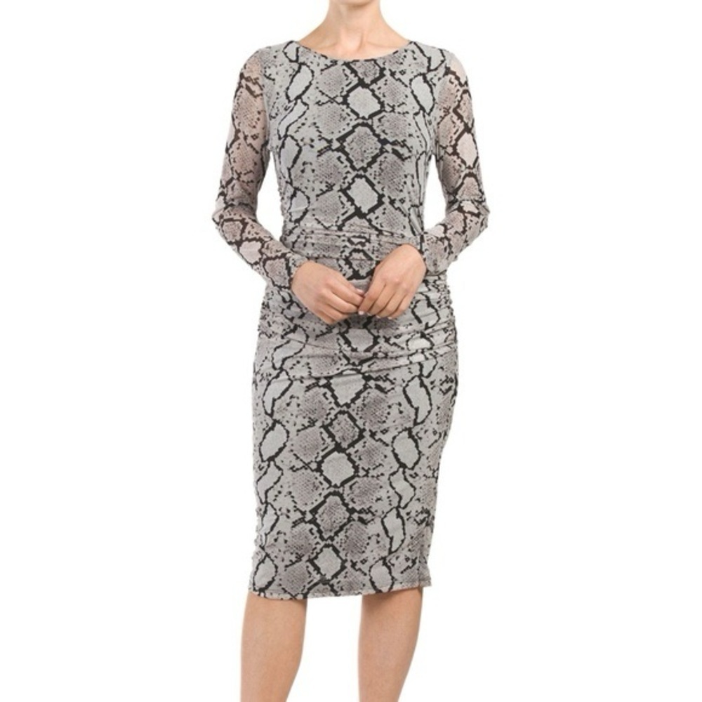 New Catherine Maladrino Grey + Black Snake Print Long Sleeve Midi Dress | Large